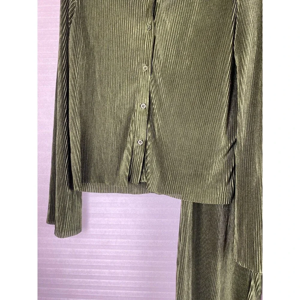 Say Anything 2pc Top Pants Sz M Olive Green Ribbed Long Sleeve Button Down Sheer - Picture 4 of 14